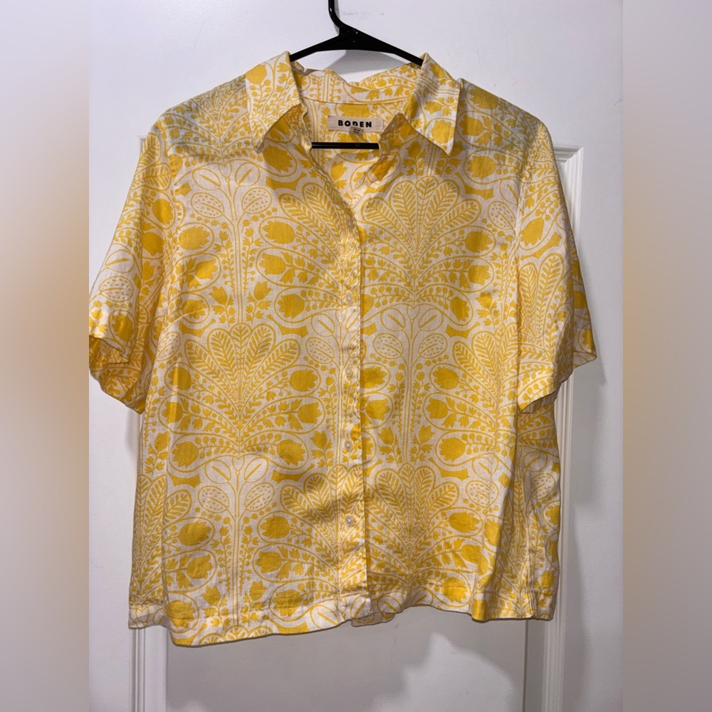 Boden Yellow Floral Button Down Shirt Size 10 Like New!! Linen 🤍 - Picture 2 of 7